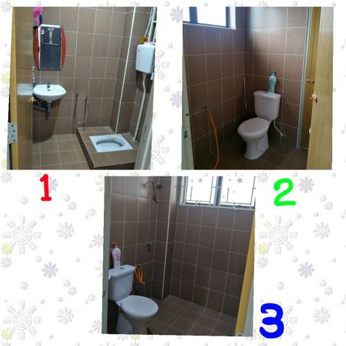 two pictures of a bathroom with a toilet and a sink at D' Corner Islam Homestay in Kuala Kangsar