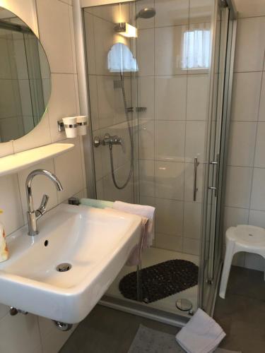 a bathroom with a sink and a shower at Pension Dabrunz in Heimbach