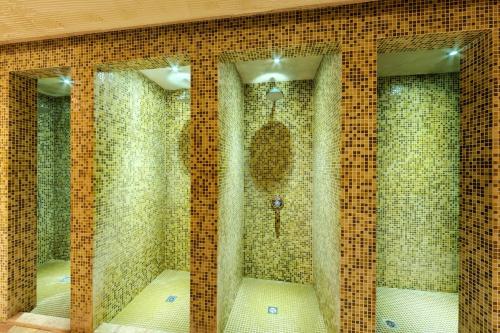 a bathroom with a shower with tiled walls at Grand Royale Apartment Complex & Spa in Bansko