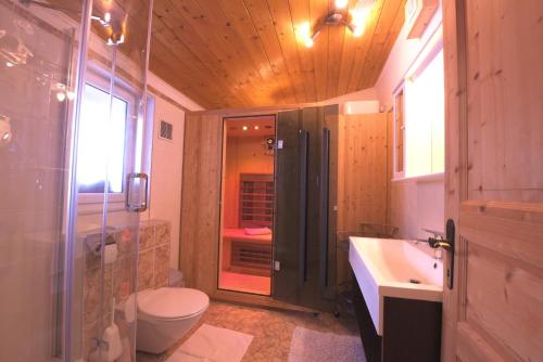 a bathroom with a shower and a toilet and a sink at Appartements Oberdorfer in Landeck