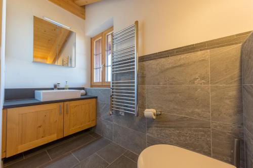 a bathroom with a sink and a shower and a toilet at Chalet Riquet - Ski/in-out - Jacuzzi in Nendaz
