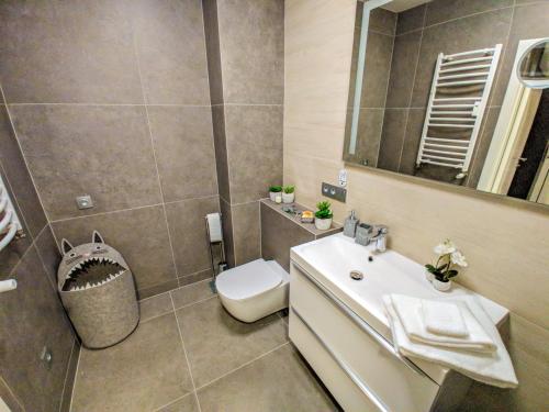 ジェロナ・グラにあるVerde Apartmentのバスルーム(洗面台、トイレ、鏡付)