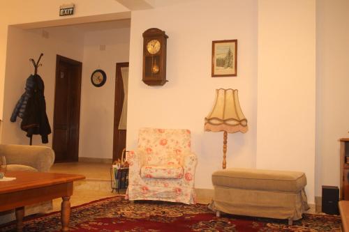a living room with a chair and a grandfather clock at Arnica Montana in Arieşeni