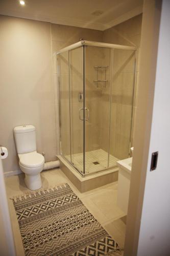 a bathroom with a shower and a toilet and a rug at Eden Guesthouse B&B in Dana Bay