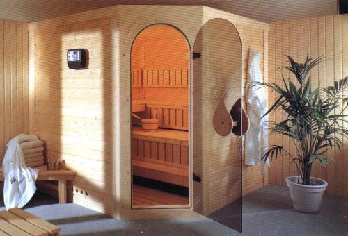a sauna with a shower and a plant in it at Haus Pfannenhölzer in Bad Hindelang