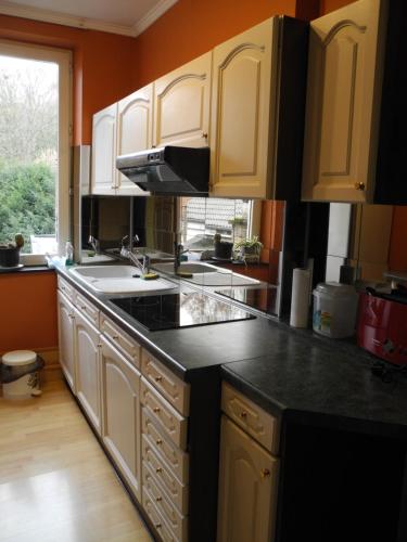 uma cozinha com armários brancos e um balcão preto em Appart sympa à Pepinster em Pepinster