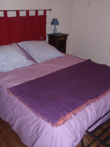 a bed with a purple blanket on top of it at La Maison d'Alienor in Saint-Médard-de-Guizières