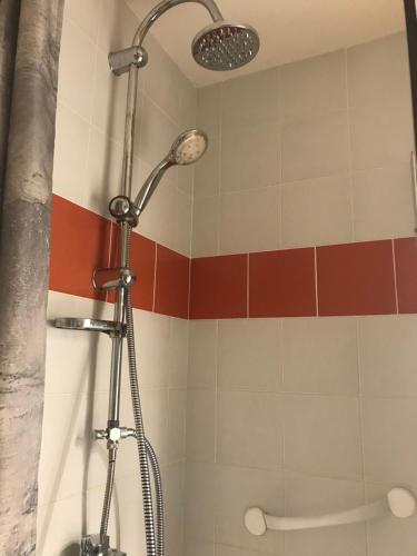 a shower with a shower head in a bathroom at T2 + alcove 4 pers au pied du télécabine avec parking couvert in Cauterets