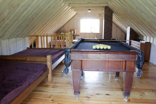 una stanza con un tavolo da biliardo in una soffitta di Sodyba pas Olgą a Mickūnai