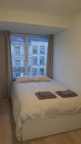 ブリュッセルにあるCentral Appartment 2 bedroomsのベッドルーム1室(ベッド1台、大きな窓付)