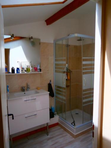 une salle de bain avec un lavabo et une douche dans l'établissement ic locations, à Riez