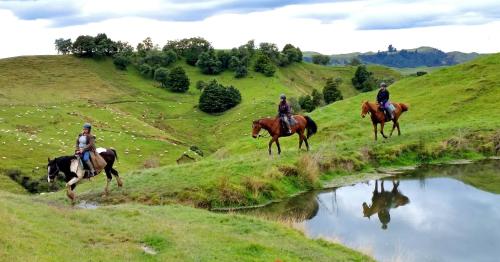 two people riding horses on a hill next to a river at River Valley Lodge in Taihape