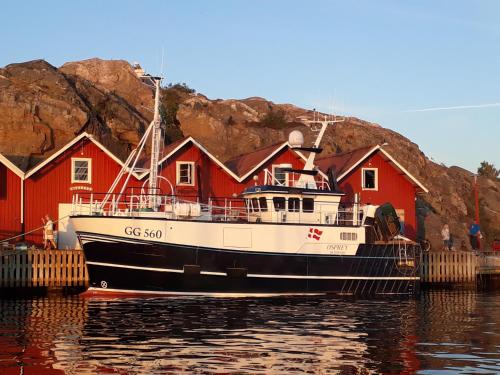 a boat is docked next to a group of houses at The Studio in Klövedal