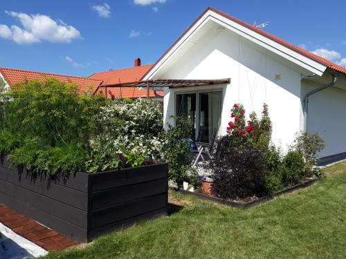 a small white house with plants in a yard at The Studio in Klövedal