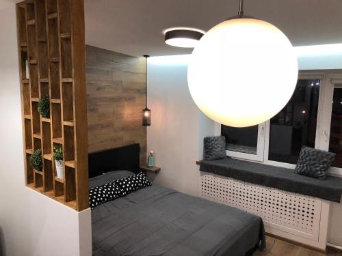 ein kleines Schlafzimmer mit einem Bett und einem Fenster in der Unterkunft K&P Apartment in Vilnius