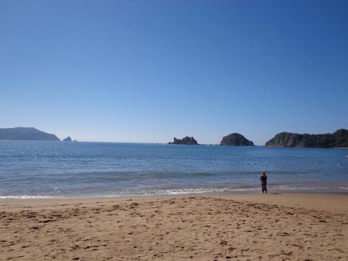 a person standing on a beach near the water at Bungalows Las Hamacas in San Patricio Melaque