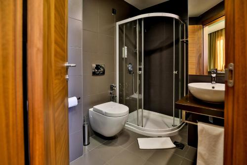 a bathroom with a toilet and a shower and a sink at Boutique Hotel Golden Star in Tuzla