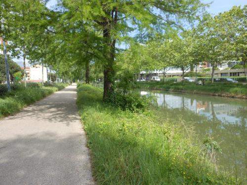 a walking path next to a river with trees at B&B HOTEL Toulouse Centre Canal du Midi in Toulouse