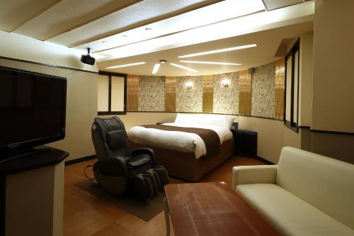 a bedroom with a bed and a couch and a tv at Hotel Fine Garden Okayama I in Okayama