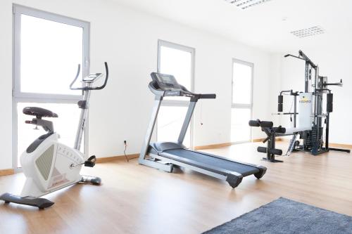 a gym with treadmills and exercise bikes in a room at Flag Hotel Villa Aljustrel in Aljustrel