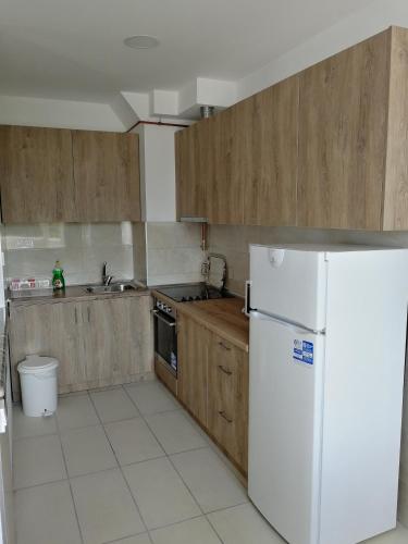a kitchen with wooden cabinets and a white refrigerator at VIP Apartments in Sarajevo