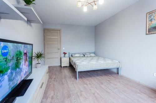 Un dormitorio con una cama y un televisor de pantalla plana. en Obolon metro station, en Kiev