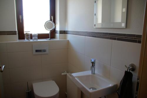 a bathroom with a sink and a toilet and a mirror at Ferienwohnungen Ellen Müller in Fischen