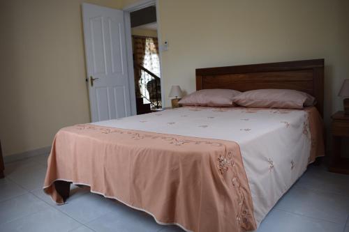 a bedroom with a bed with a pink blanket on it at MAIVA KITE VILLA in La Gaulette