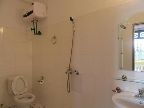 a bathroom with a shower with a toilet and a sink at Thanh Ha Homestay Sapa in Sa Pa