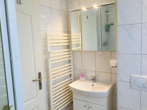 a bathroom with a sink and a mirror at Studio - Lachmoewe in Peenemünde