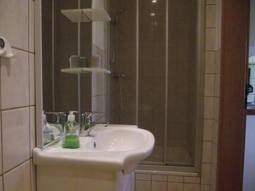 a bathroom with a sink and a shower at Ferienhäuser Börge in Sassnitz