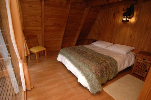 1 dormitorio con 1 cama y 1 silla en una cabaña en Cabañas Lago Elizalde en Coyhaique