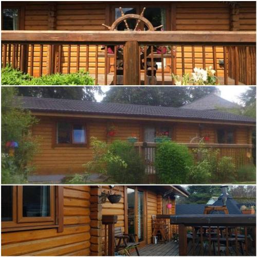 duas fotos de uma casa com uma mesa em frente em Glenmhor Log Cabin em Fort William