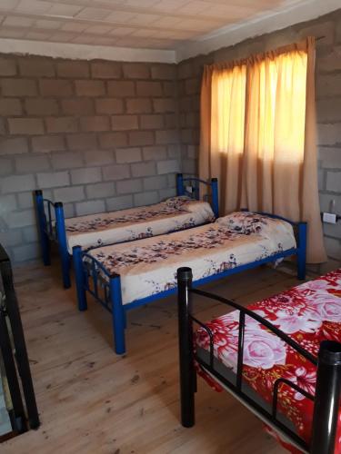 a room with three beds and a window at Colores de Fiambala in Fiambala