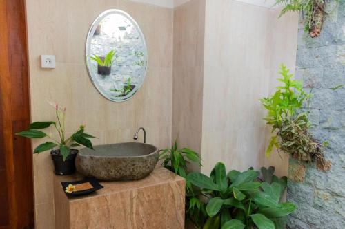 a bathroom with a stone sink and potted plants at Villa Sande in Munduk