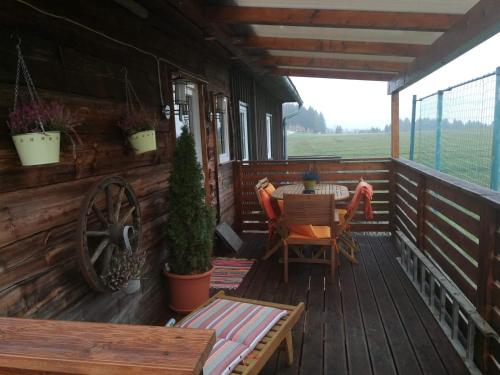 eine Veranda einer Hütte mit einem Tisch und Stühlen in der Unterkunft Alexandra Appartement in Gersdorf