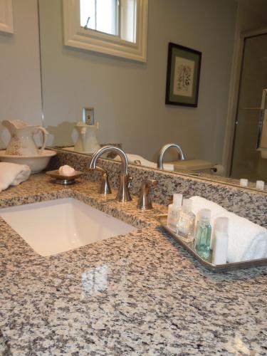 a bathroom counter with a sink and a mirror at Victoria Inn in Hampton