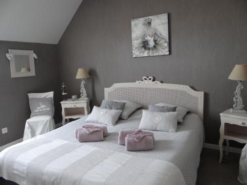 Ganzevilleにあるchambres d'hôtes près de FECAMPのベッドルーム(ピンクの枕が付く大きな白いベッド付)