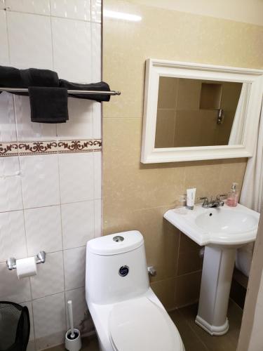 a bathroom with a white toilet and a sink at The Jam Lodge in Freetown