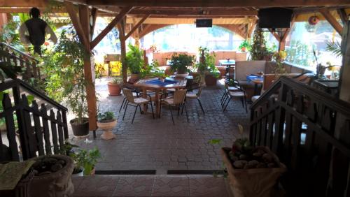 an outdoor patio with tables and chairs and potted plants at Erdős Vendégház in Jánossomorja
