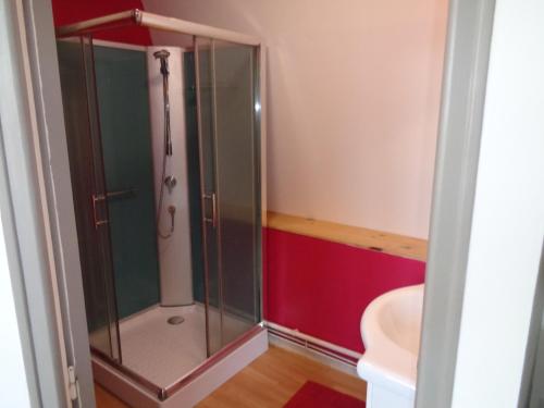 アラスにあるLe Saint-Quentin 2 APPARTEMENTSのバスルーム(ガラスドア付きのシャワー付)