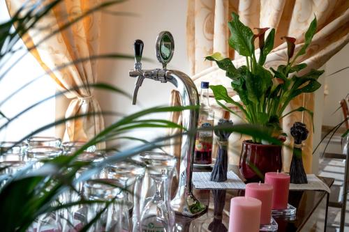 a table with a faucet and glasses and plants at Da Vinci in Chęciny