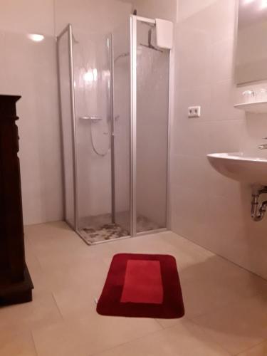 Ferienwohnung am Junkerbült في باد سفيشنآن: حمام مع دش وسجادة حمراء