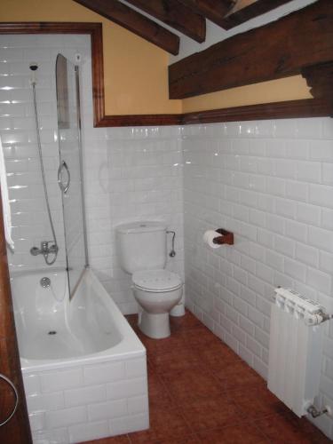 a white bathroom with a toilet and a shower at Posada La Bolera in San Vicente del Monte