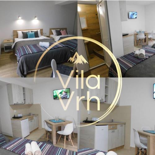 a collage of two pictures of a room with a bedroom at Vila Vrh in Crni Vrh