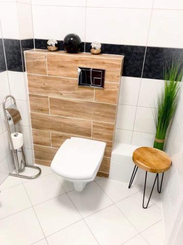 a bathroom with a white toilet and a stool at Apartament SONIA in Karpacz