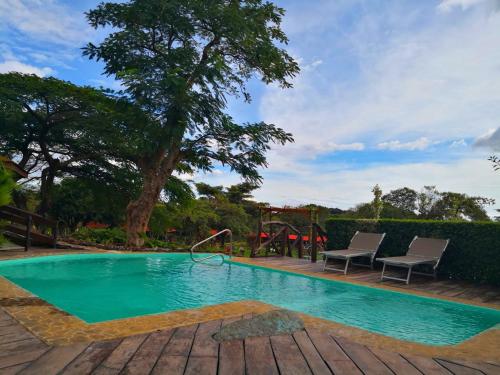a swimming pool with two chairs and a tree at Hotel Rincón de la Vieja Lodge in Liberia