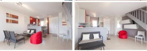deux photos d'un salon et d'une cuisine avec un escalier dans l'établissement Appartement T3 refait à neuf face à la mer, à Frontignan