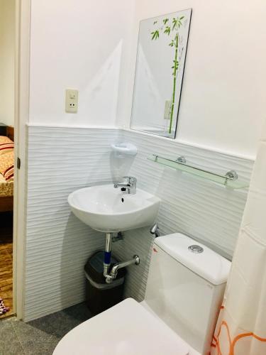 a bathroom with a sink and a toilet and a mirror at Pisces Tourist Inn - Port Barton in San Vicente