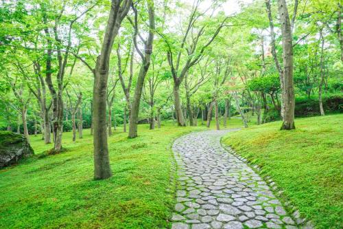 a stone path in a park with trees at Yutorelo-an ANNEX in Hakone